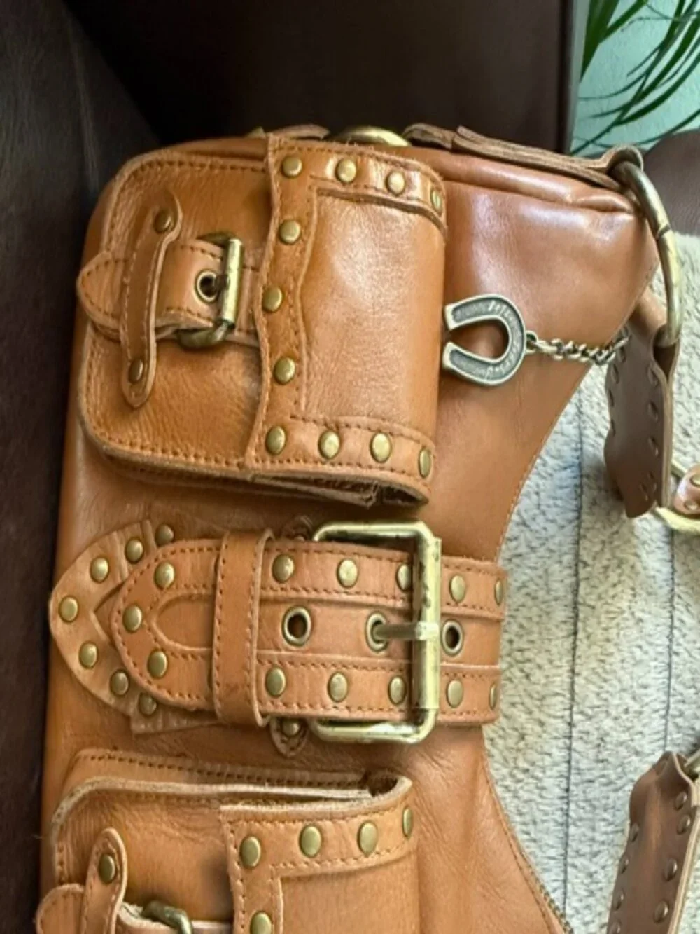 Vintage Betsey Johnson Y2K Genuine Leather Studded Cargo Pocket Shoulder soho